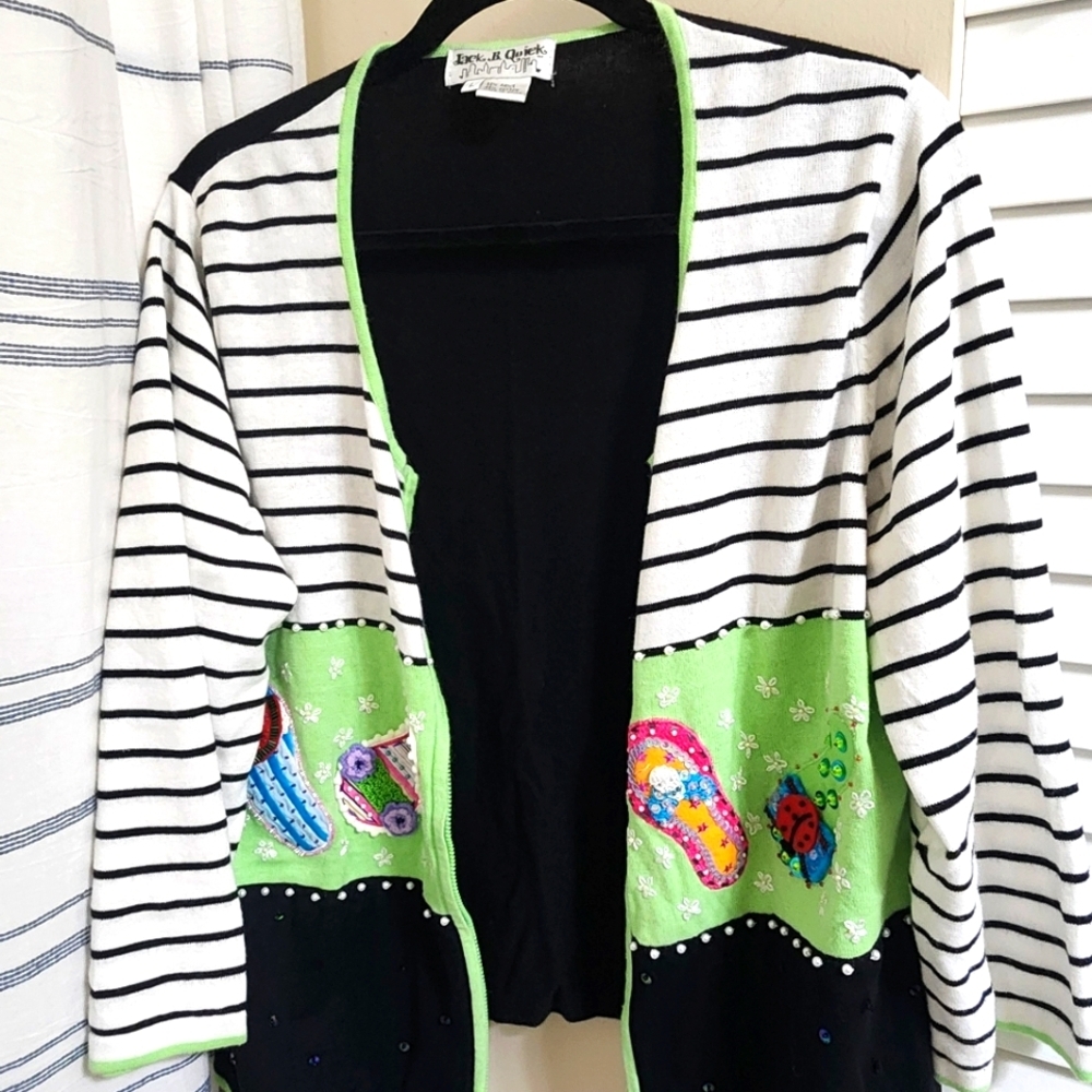 Jack B Quick Striped Cardigan w/ Embroidered Flip Flops Sequined, Beaded VINTAGE